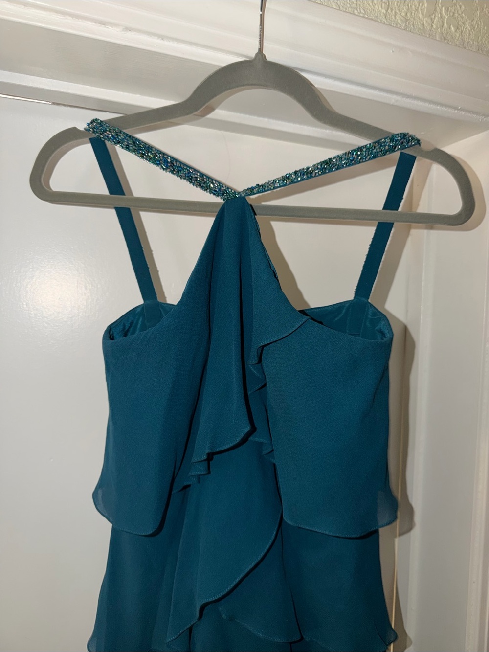 Tiered Teal Maxi Dress 100% Silk with Beaded Straps 4P with matching scarf